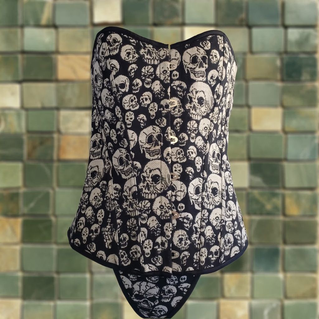 Vintage New Womens XL Skull Tapestry Corset Set Boned Embroidered Biker Goth Vamp Size XL / US 12-14 / IT 48-50 - 1 Thumbnail