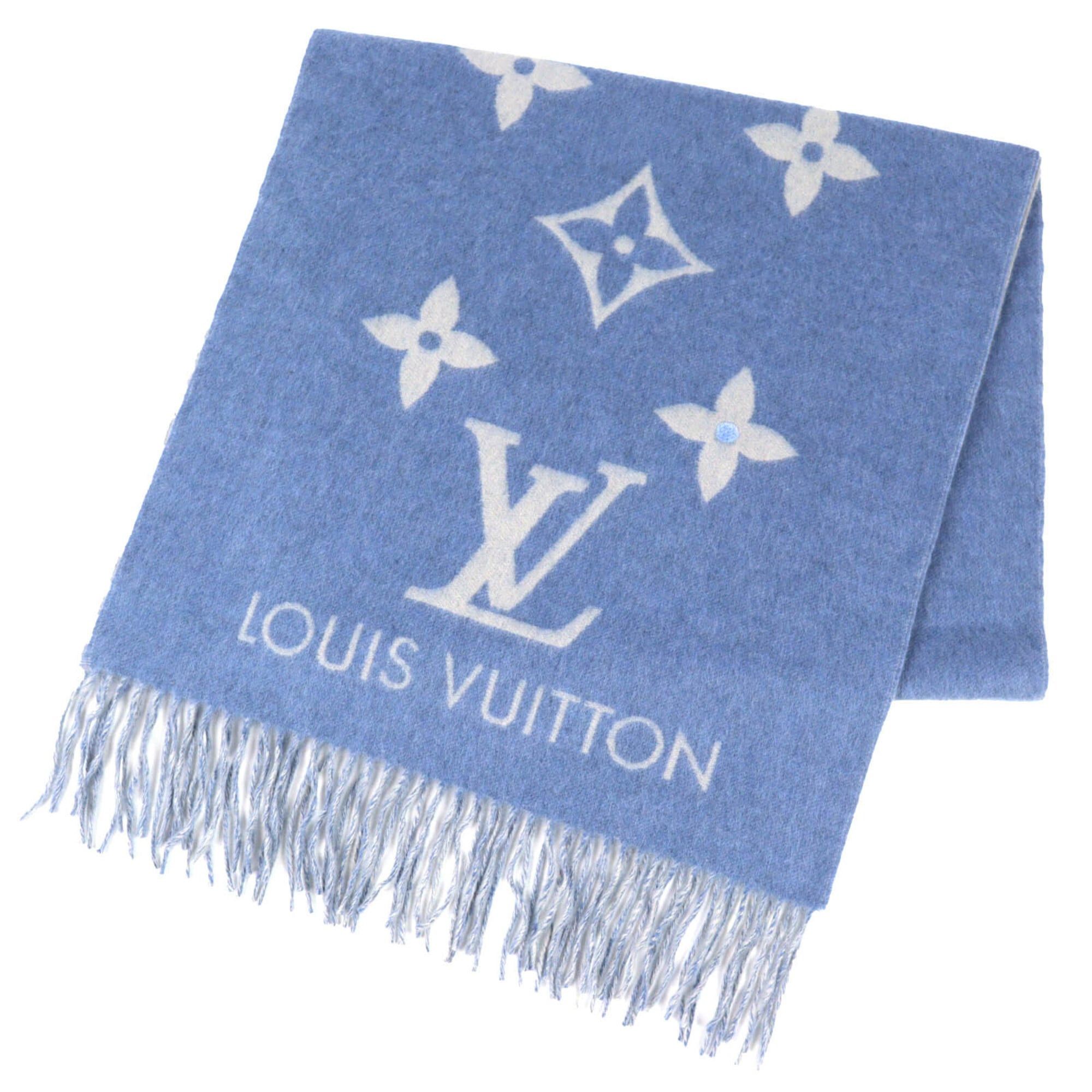 Louis Vuitton LOUIS VUITTON M75704 Echarpe Reykjavik 100% Cashmere Monogram Fringe Shawl Scarf Blue Made in England Authentic Women's Size ONE SIZE - 1 Thumbnail