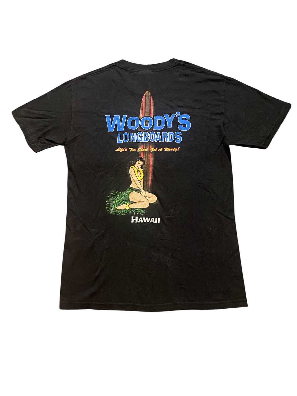 Vintage Vintage Woodys Longboards Surfer Hawaii Hula Girl T Shirt Size US S / EU 44-46 / 1 - 1 Thumbnail