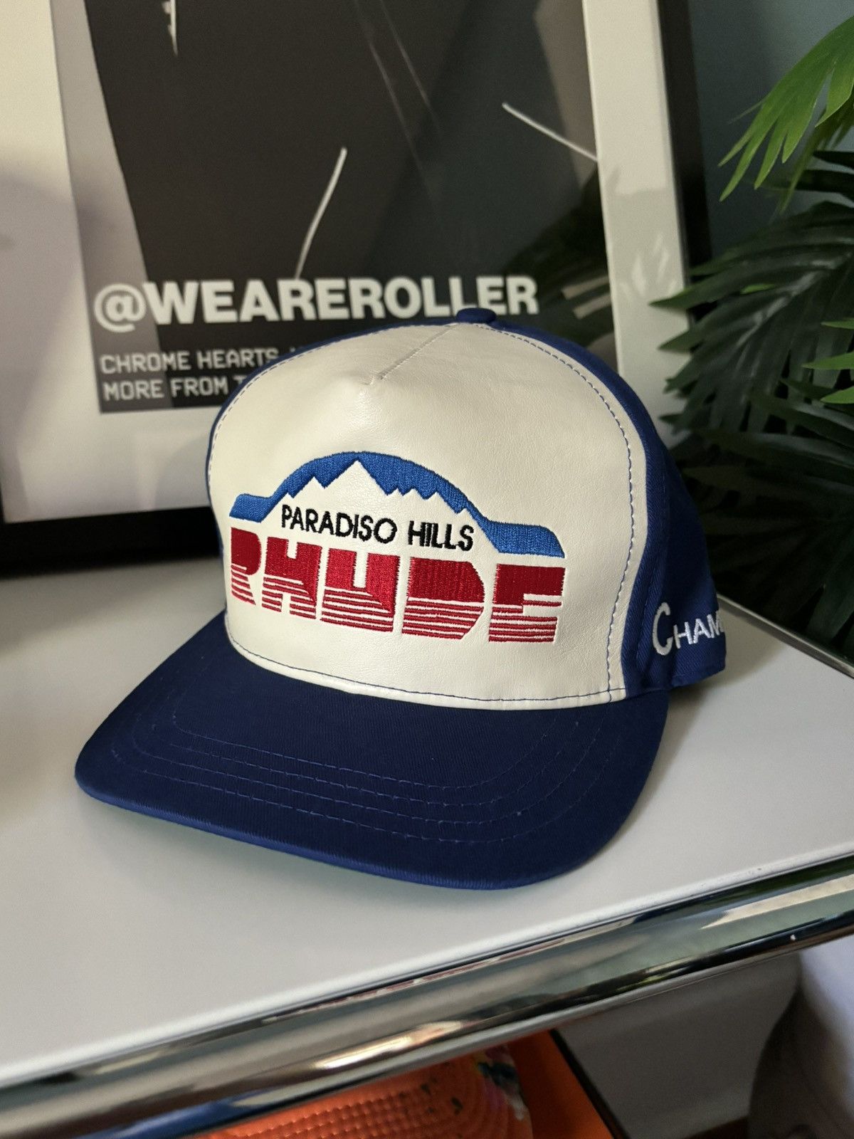 image of Rhude Leather “Paradiso Hills” Hat in Blue, Men's