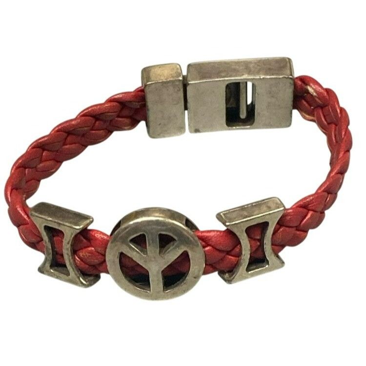 Other Argentos Red Braided Leather Bracelet With Silver Peace Sign Size ONE SIZE - 1 Thumbnail