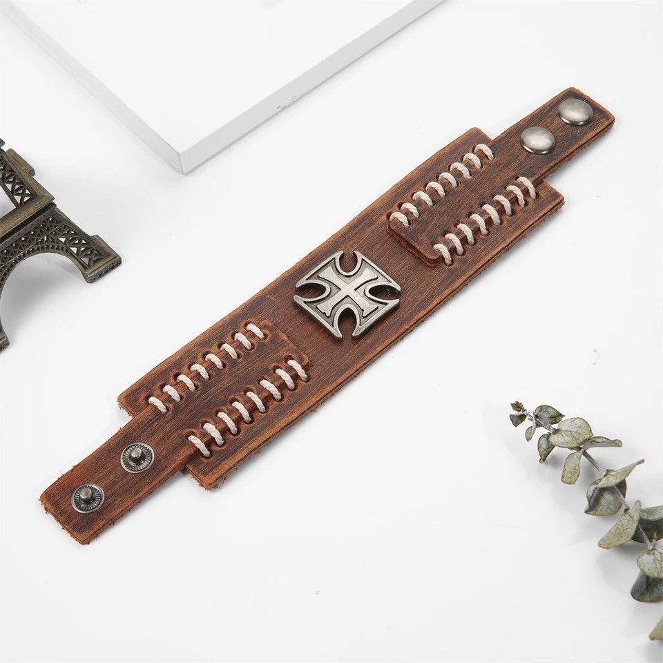 Jewelry × Vintage Weave Genuine Leather Cuff Wide Leather Cross Bracelet Size ONE SIZE - 6 Thumbnail