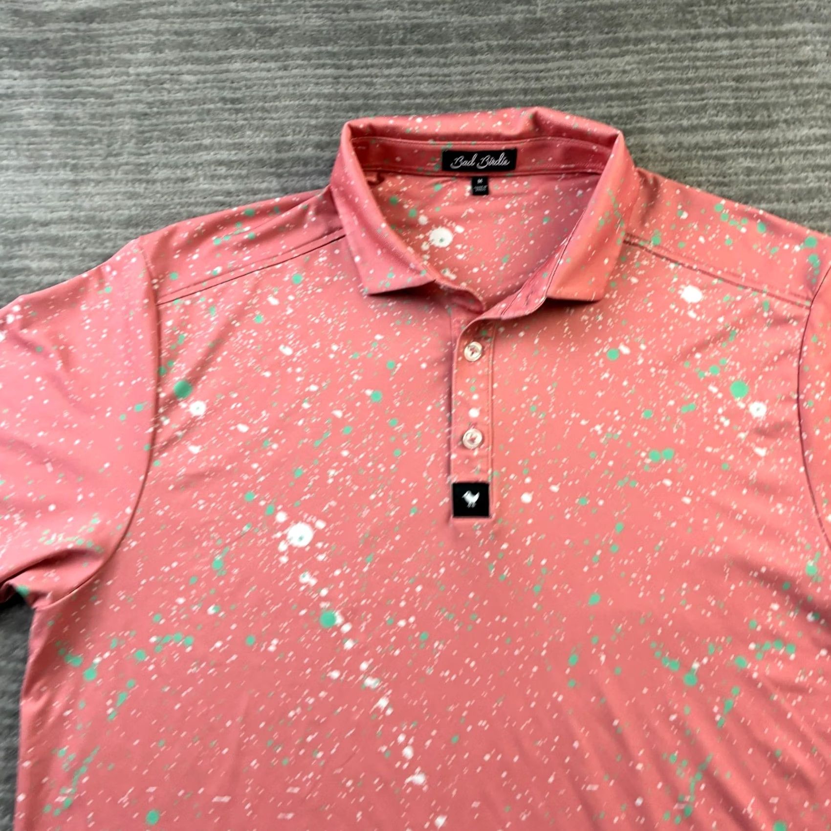 Vintage Bad Birdie Polo Shirt Mens M Orange Paint Splatter Performance Golf Shirt Size US M / EU 48-50 / 2 - 3 Thumbnail