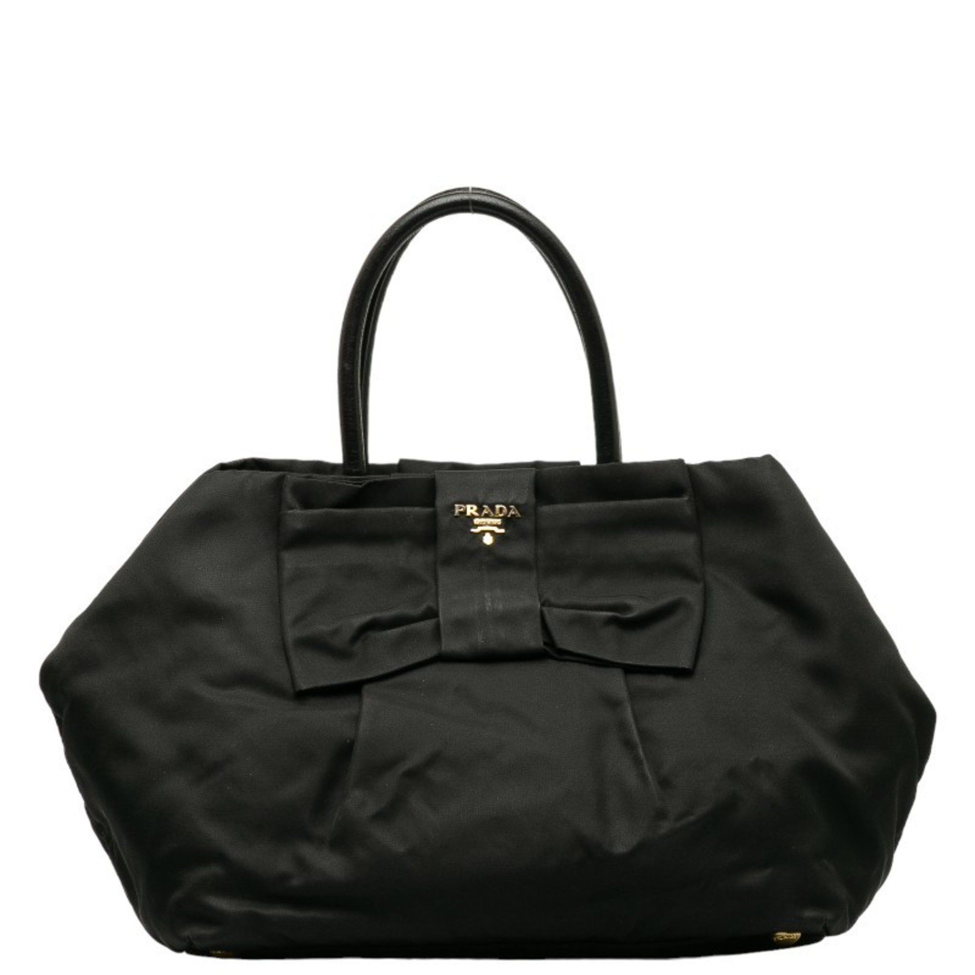 image of Prada Bow Tote Bag Handbag Black Nylon Leather Women's Prada
