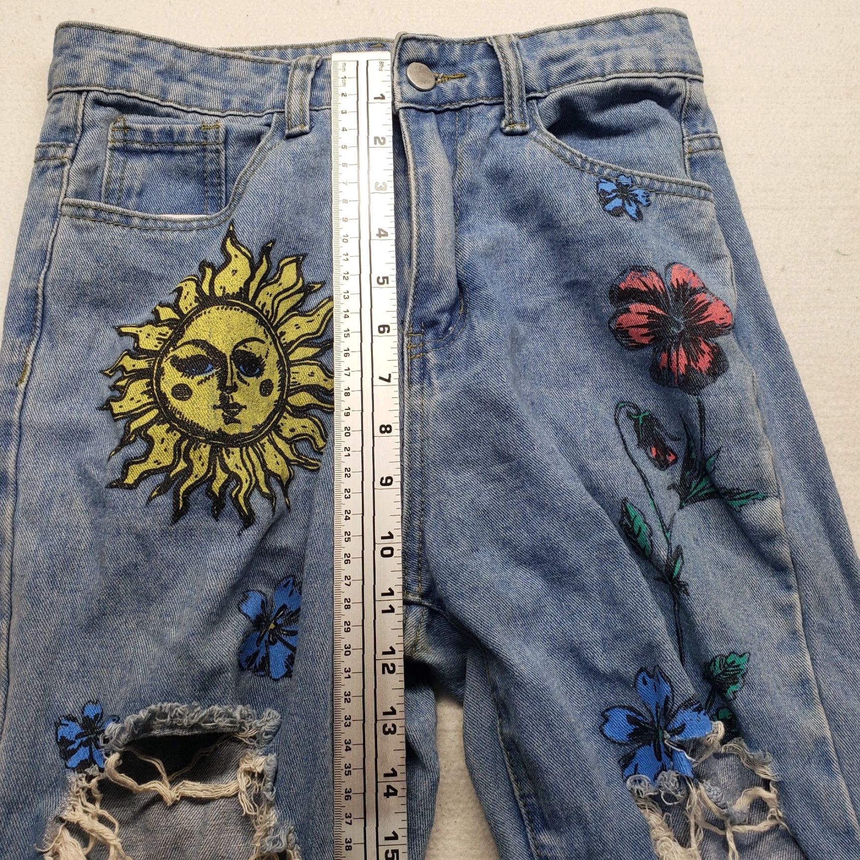 Shein SHEIN Blue Jeans Pants Floral & Sun Print Ripped Straight Distressed Women's XS Size 26" / US 2 / IT 38 - 7 Thumbnail