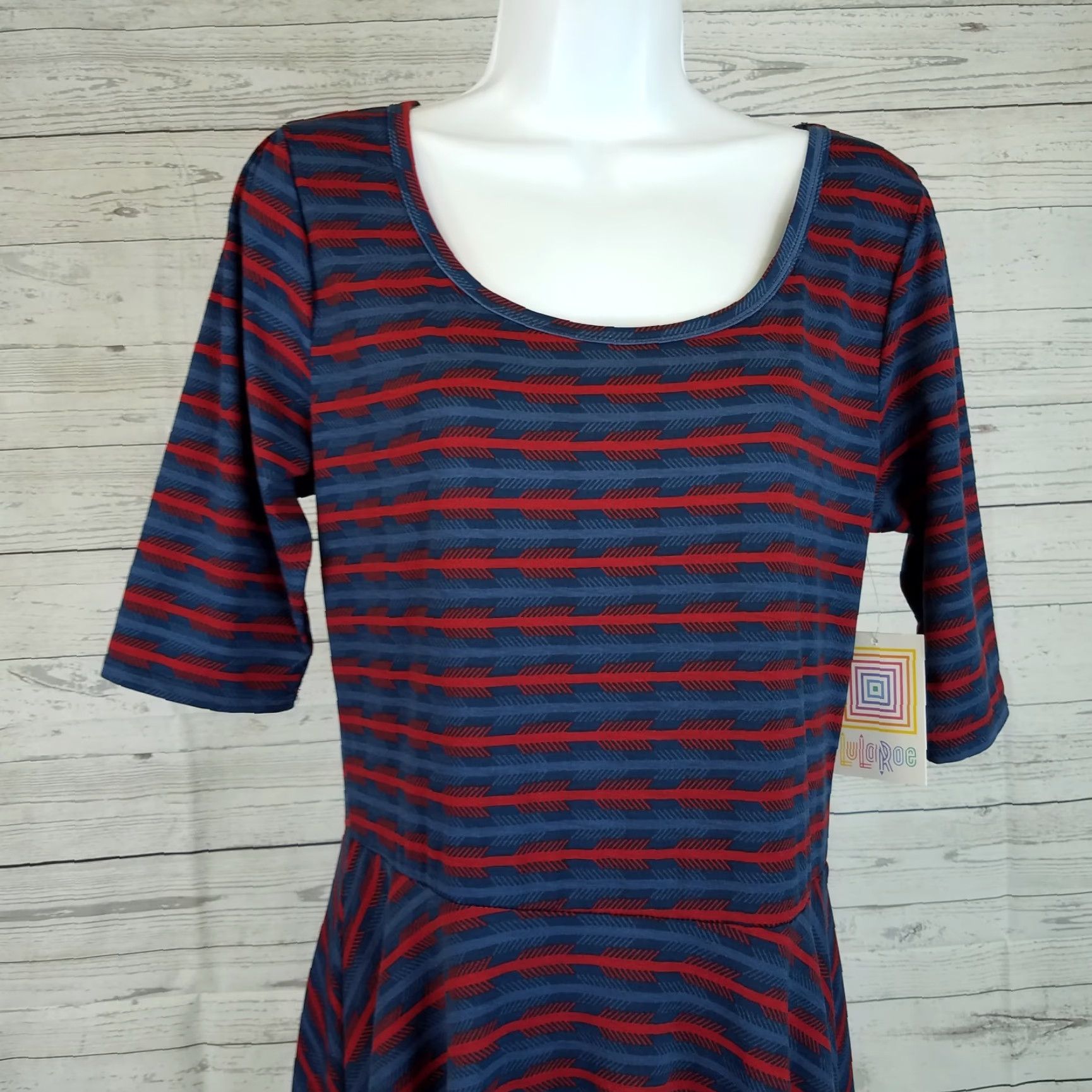 Vintage LuLaRoe Nicole Dress XL Blue Red Arrows Striped 3/4 Sleeve Scoop Neck Polyester Blend Fit & Flare Womens Size XL / US 12-14 / IT 48-50 - 3 Thumbnail