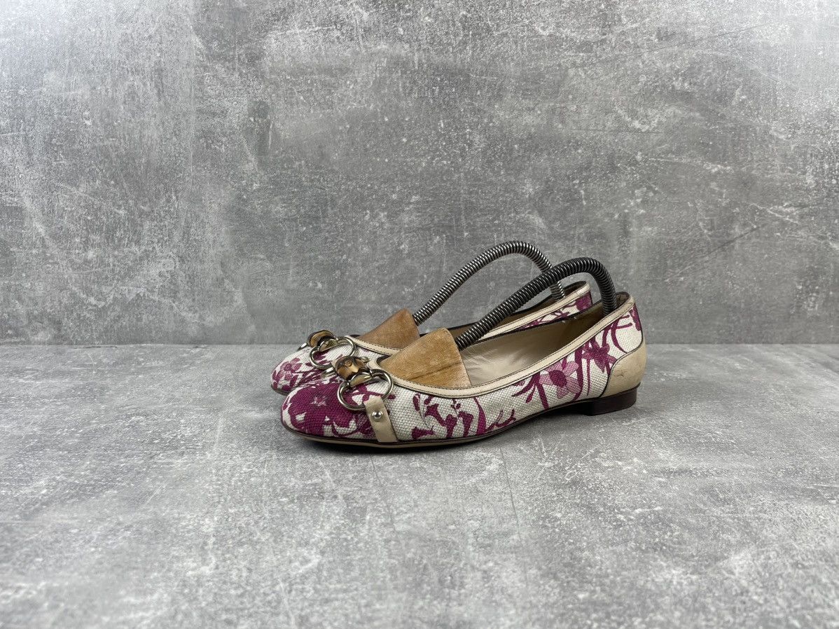 Gucci Gucci Bamboo Floral White/Pink Leather Cotton Flats Shoes Size US 6 / IT 36 - 1 Thumbnail