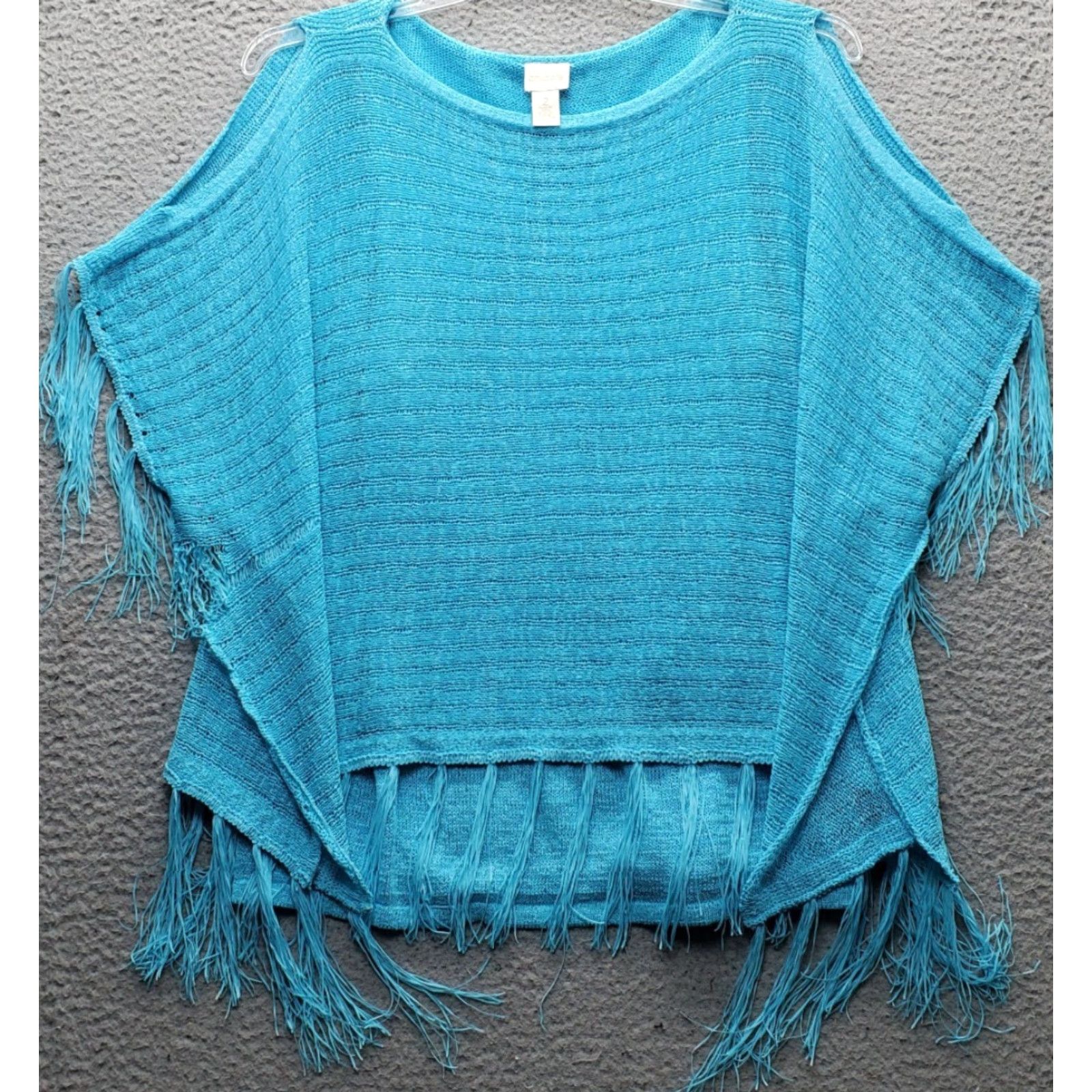 Vintage Chico's Turquoise Poncho Fringe Sweater Womens L Blue Cold Shoulder Sleeve Size L / US 10 / IT 46 - 2 Thumbnail