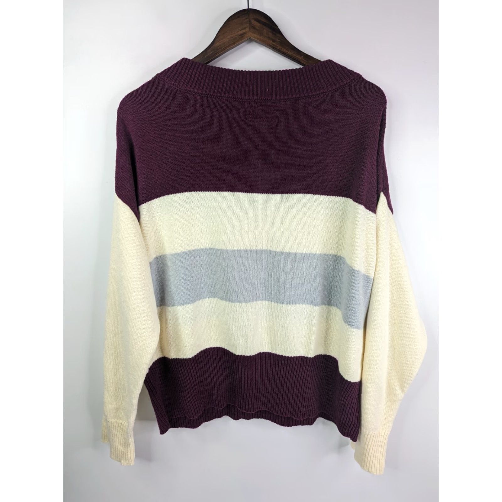 Lucky Brand Lucky Brand Womens Sweater Striped Color Block Multicolor Long Sleeve Pullover Round Neck L Color Beige Maroon 100% Cotton Blend Relaxed Knit Size L / US 10 / IT 46 - 4 Thumbnail