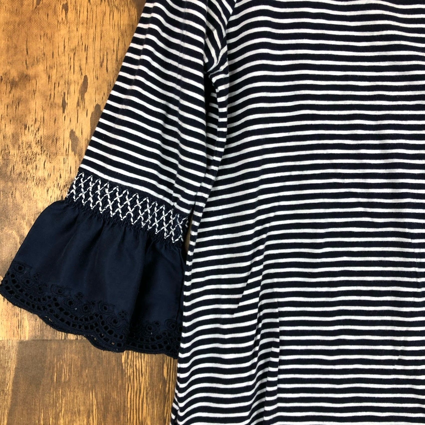 J. Jill J. Jill Blouse Striped Navy White 3/4 Sleeve Petite S Stretch Crew Neck Flared Sleeve Shirt Women Urban Casual Workwear Size S / US 4 / IT 40 - 3 Thumbnail