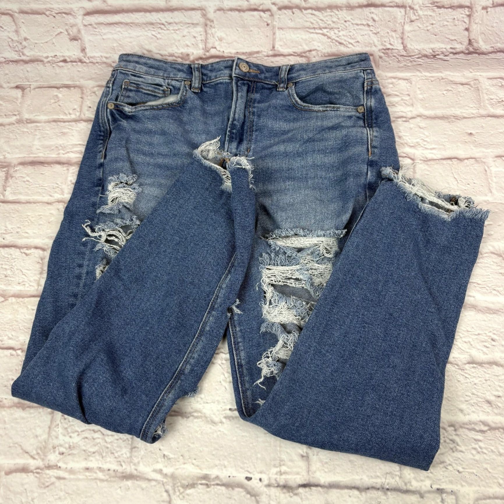 American Eagle Outfitters American Eagle Jeans Womens 10 Blue High Rise Straight Distressed Stretch 30x26 Size 32" / US 10 / IT 46 - 2 Thumbnail