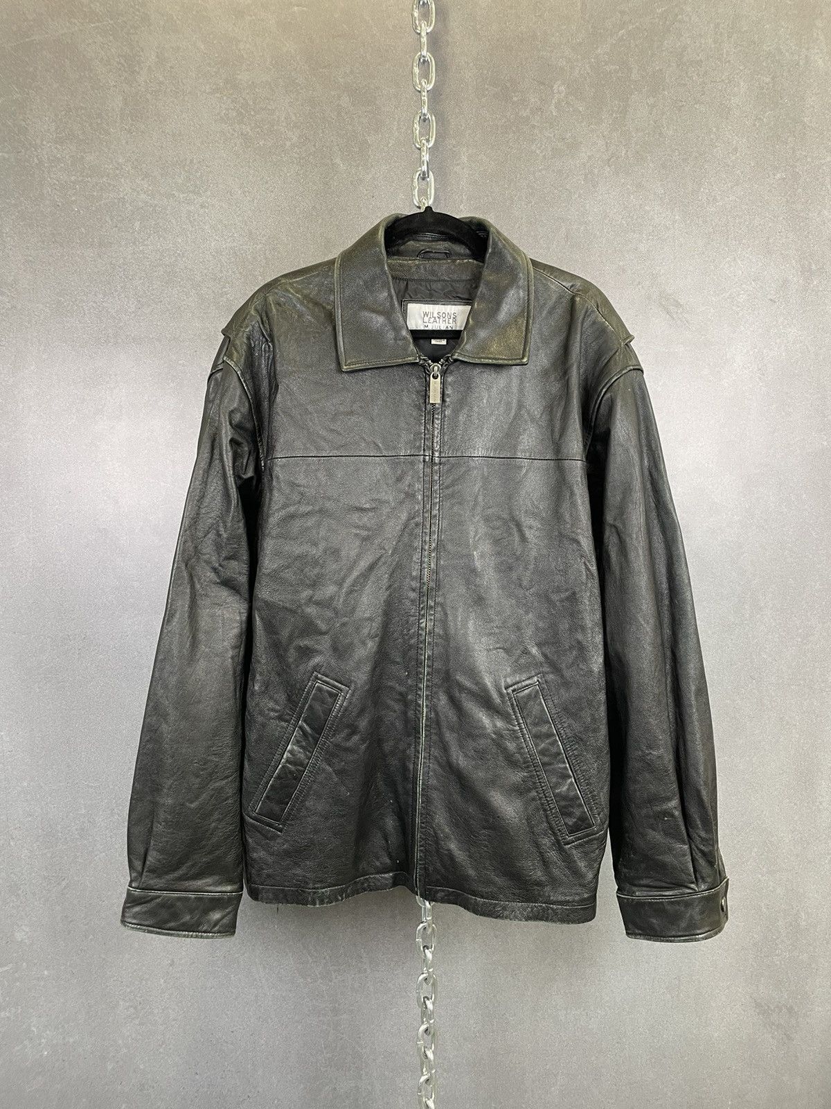 image of Vintage 90's Black Leather Distressed Zip Up Collared Jacket, Men's (Size XL)