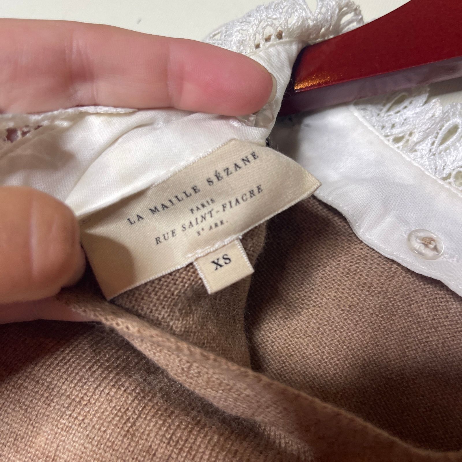 Sezane Sezane Eduardo camel merino wool jumper white lace collar XS Size XS / US 0-2 / IT 36-38 - 3 Thumbnail