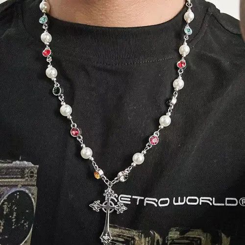 Jewelry Silver Cross Pendant Necklace with Colorful Beads Size ONE SIZE - 7 Thumbnail