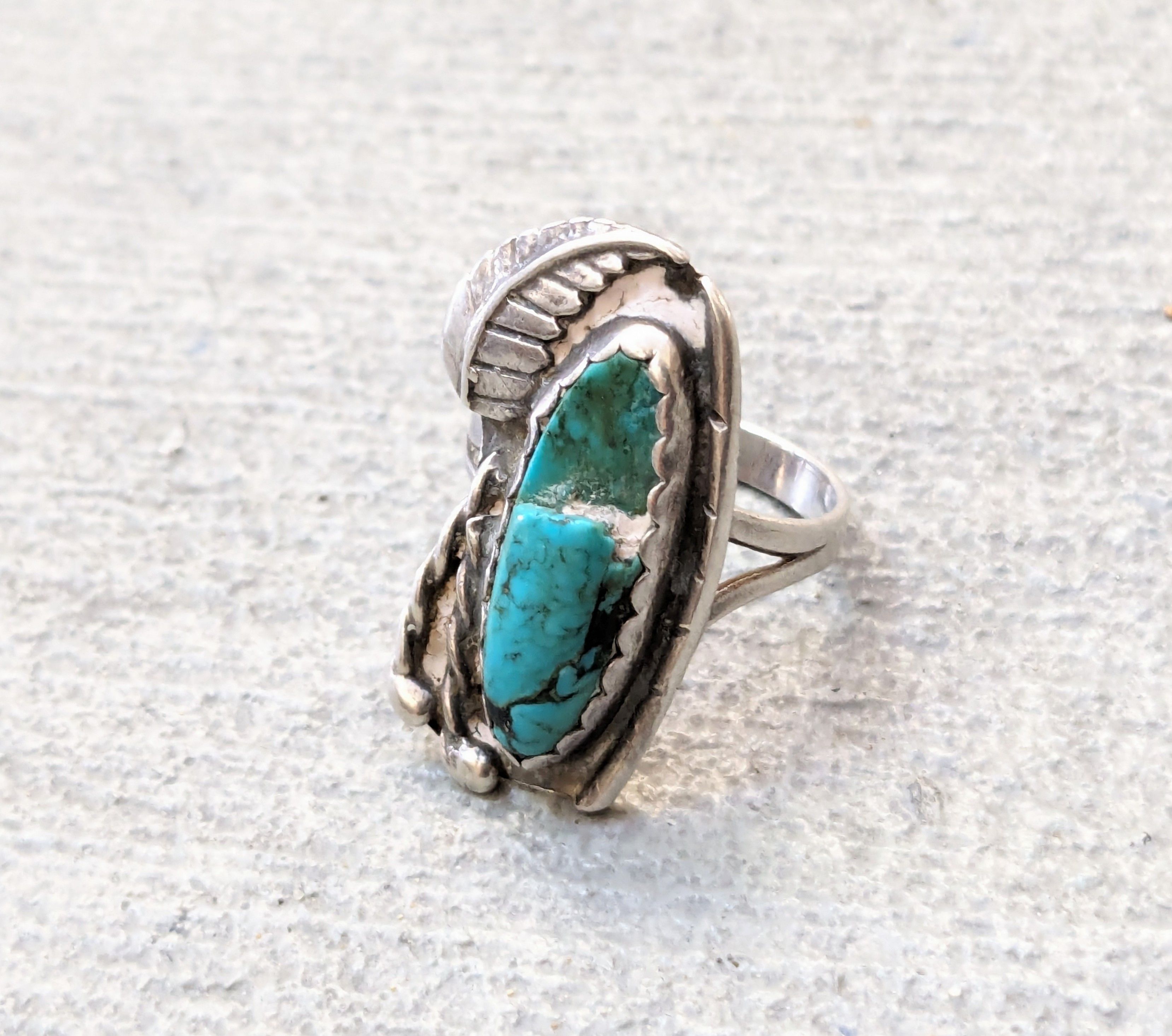 Jewelry Vintage Sterling Silver Ring 8 Turquoise Leaf Modern Size ONE SIZE - 4 Thumbnail
