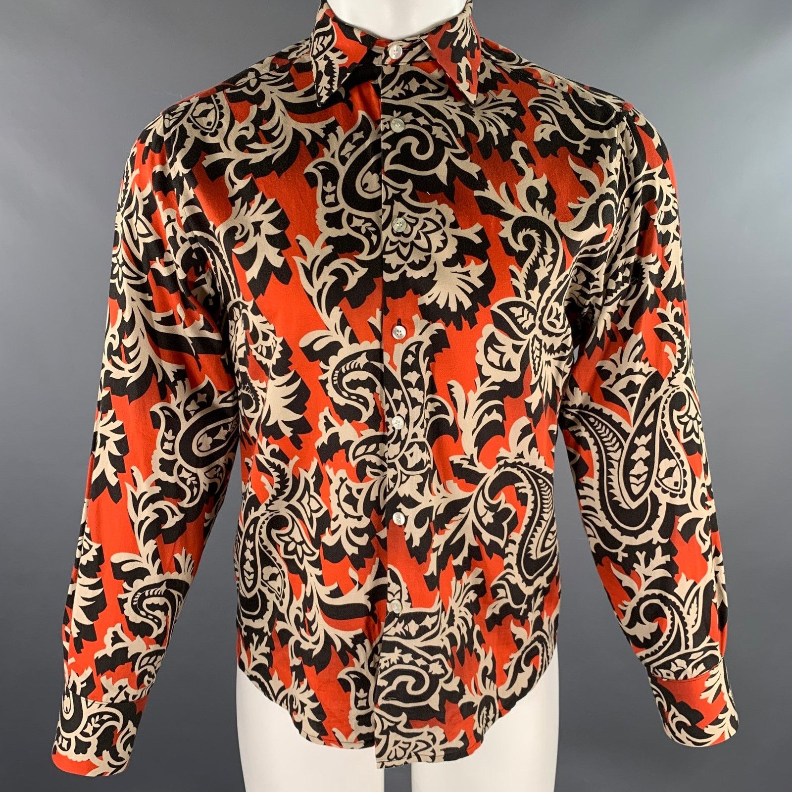 Etro Size M Orange Black Khaki Abstract Floral Long Sleeve Shirt Size US M / EU 48-50 / 2 - 1 Thumbnail