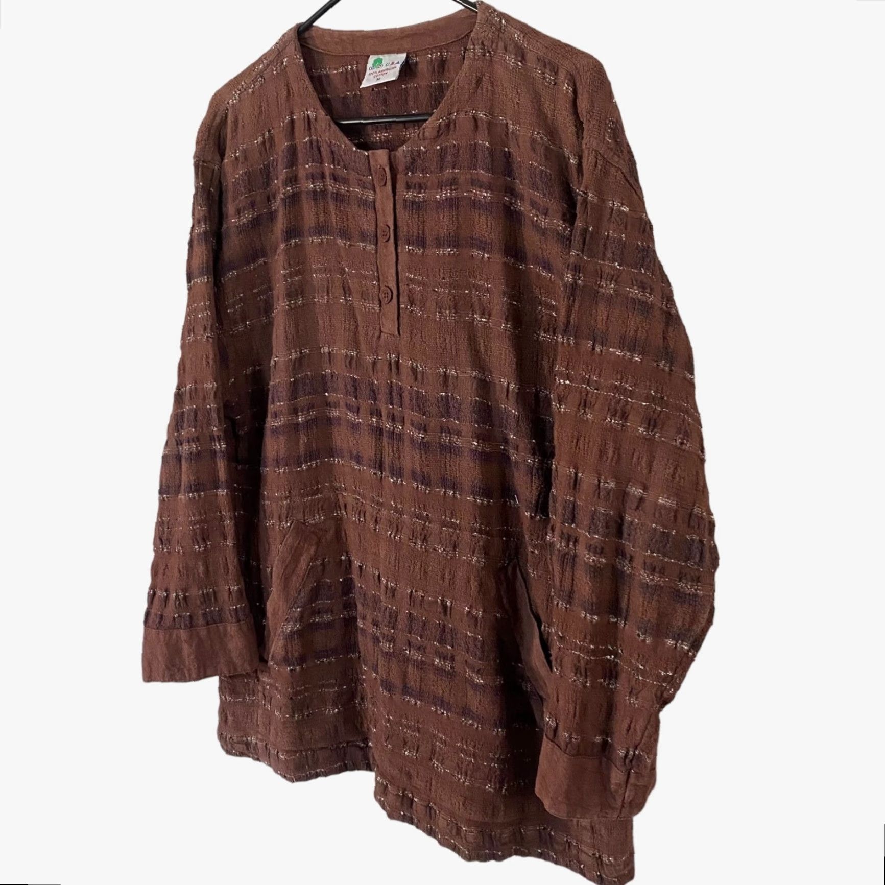 Vintage VINTAGE Cotton USA Striped Button-Collar Long Sleeve Tunic Blouse Brown Women's Medium Size M / US 6-8 / IT 42-44 - 2 Thumbnail