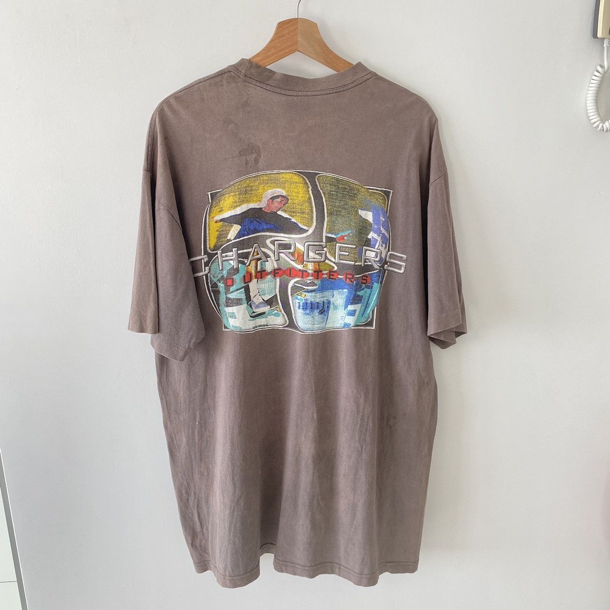 image of 1990X Clothing x Skategang Thrashed Faded Vintage 90's Chargers Outfitters Skateboard T in Brown (S