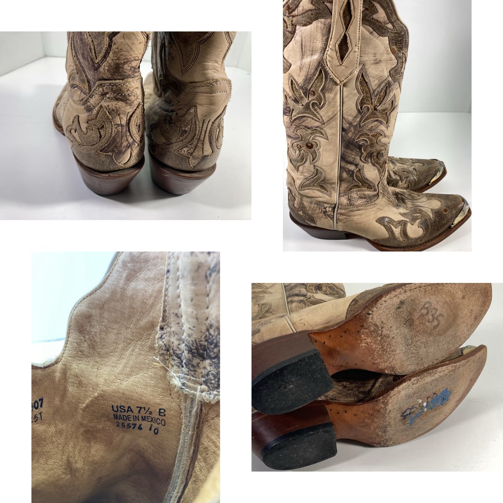 Vintage Johnny Ringo Distressed Leather Boots Women Size 7.5 B Beige Metal Western Boots Women 7.5 Beige Metal Tips Western Size US 8 / IT 38 - 8 Thumbnail
