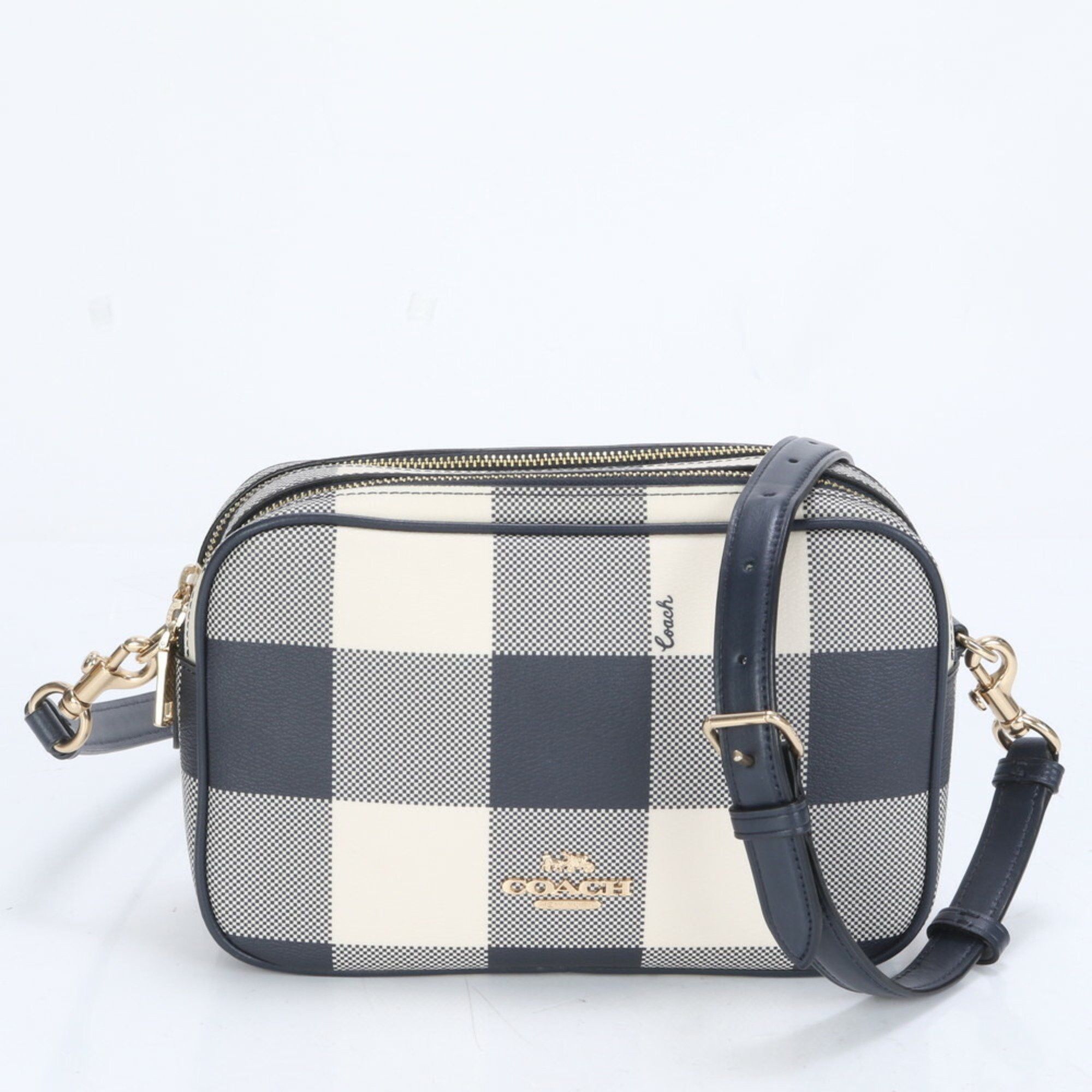 Coach Check Leather Shoulder Bag Crossbody Handbag Tote Black Women's