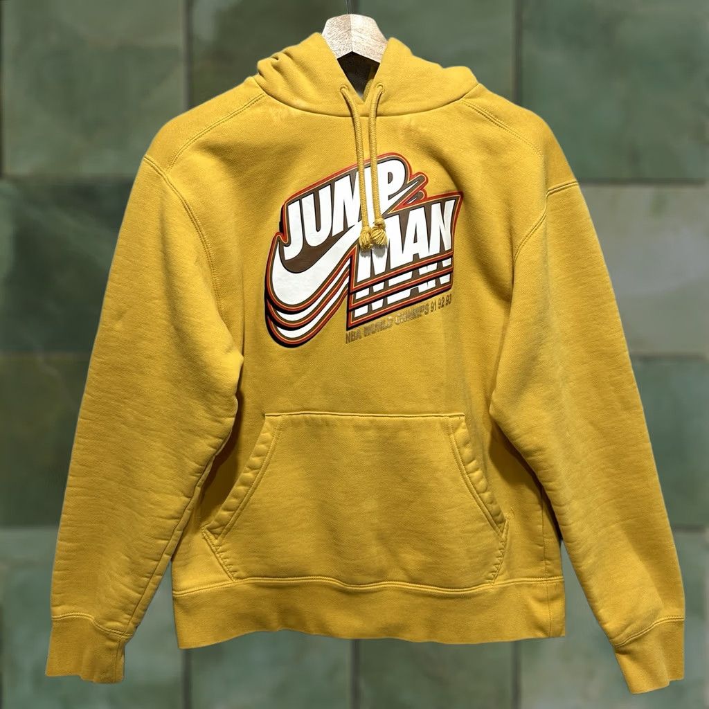 Jordan Brand VINTAGE Nike Jordan Jumpman Hoodie Shirt Mens S Yellow Fleece Pullover Ribbed Cuffs Graphic Print Logo Pockets All Seasons Size US S / EU 44-46 / 1 - 1 Thumbnail