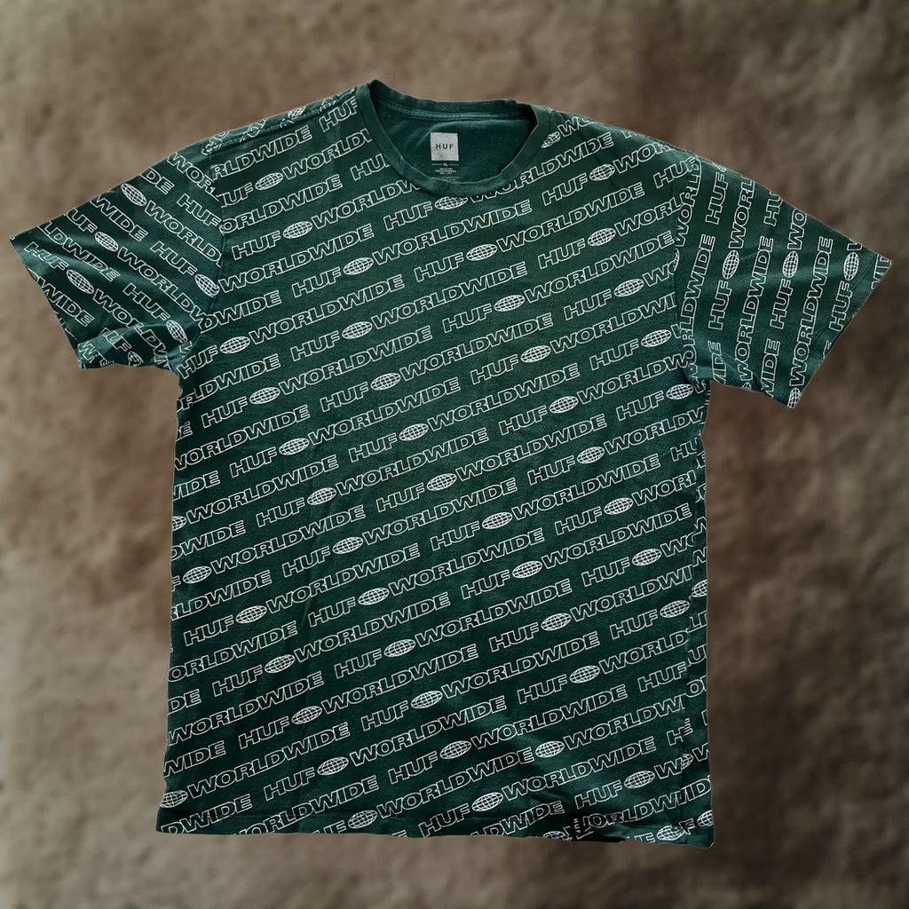 Huf VINTAGE HUF Worldwide All Over Print T-Shirt Mens XL Green Streetwear Globe Y2K Size US XL / EU 56 / 4 - 1 Thumbnail