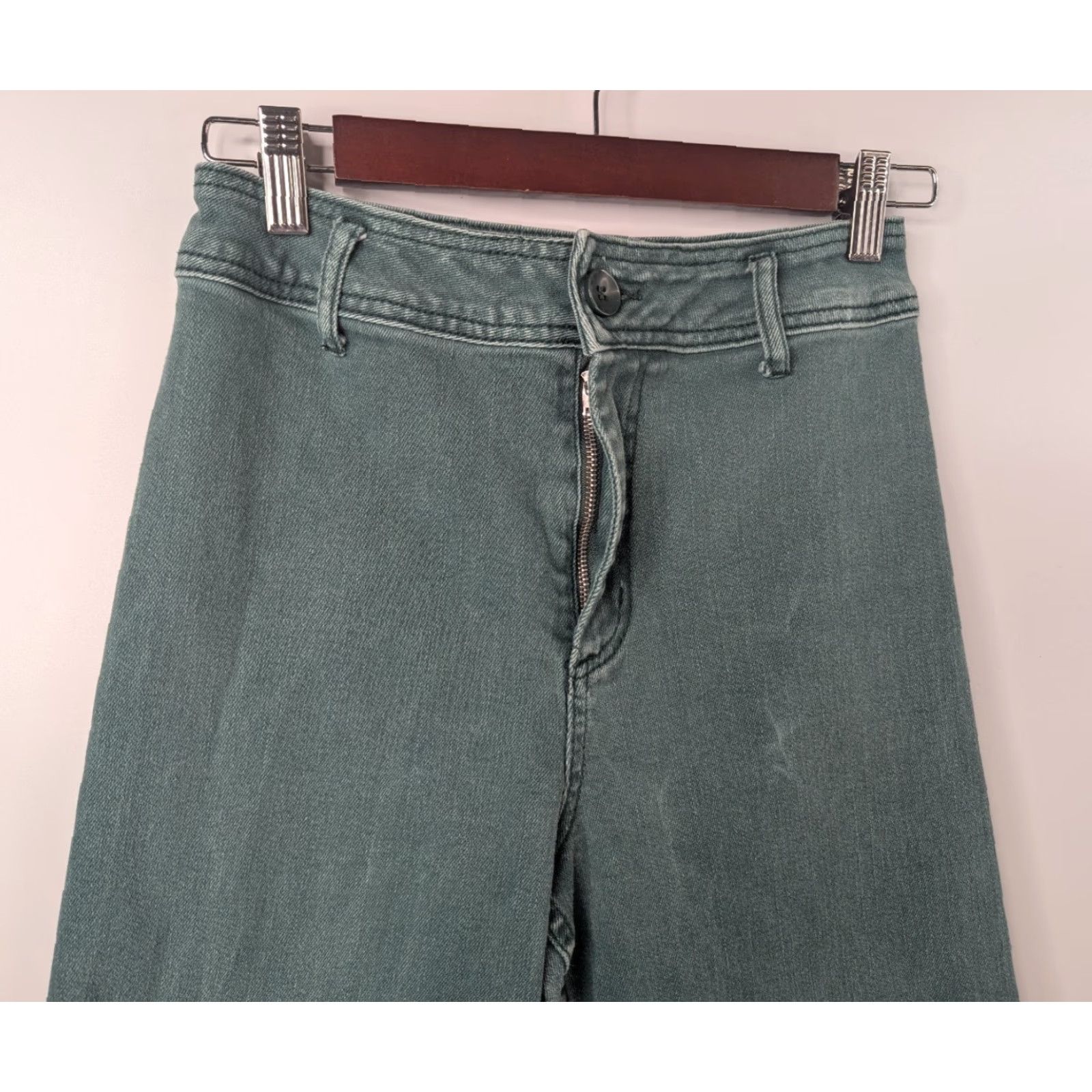 Vintage VINTAGE Miou Muse Jeans Women Medium Green Wide Leg Raw Hem High Rise Cotton Blend Size 32" / US 10 / IT 46 - 3 Thumbnail