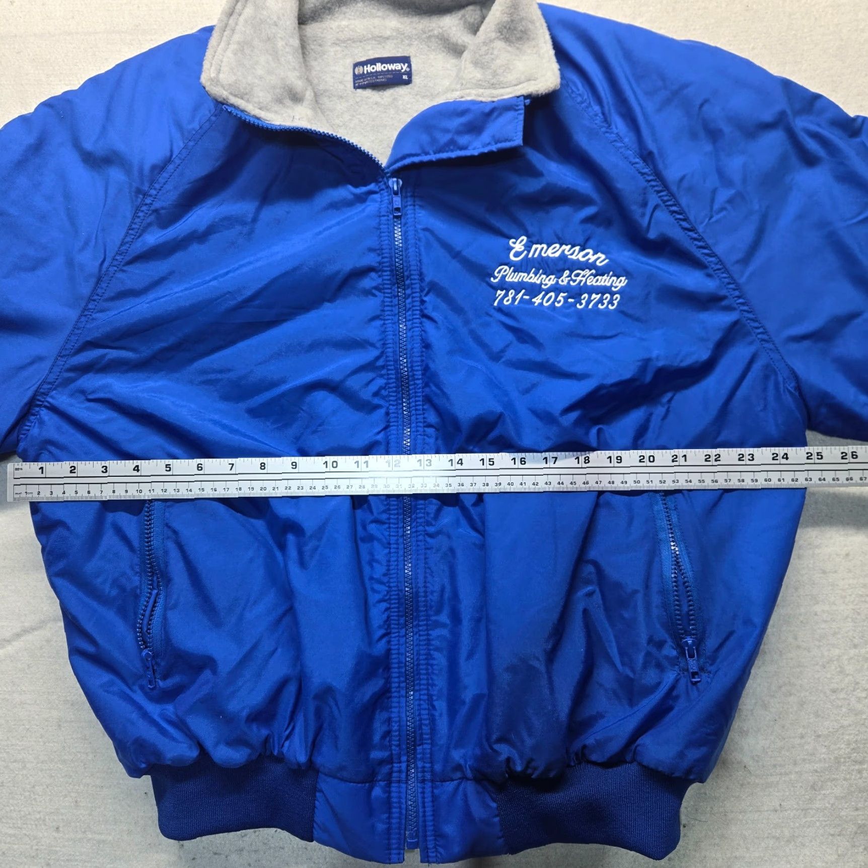 Holloway VINTAGE Holloway Emerson Plumbing & Heating Varsity Jacket Nylon Lined Men's XL Blue 80s Classic Football Style Snap Front Pockets Size US L / EU 52-54 / 3 - 5 Thumbnail