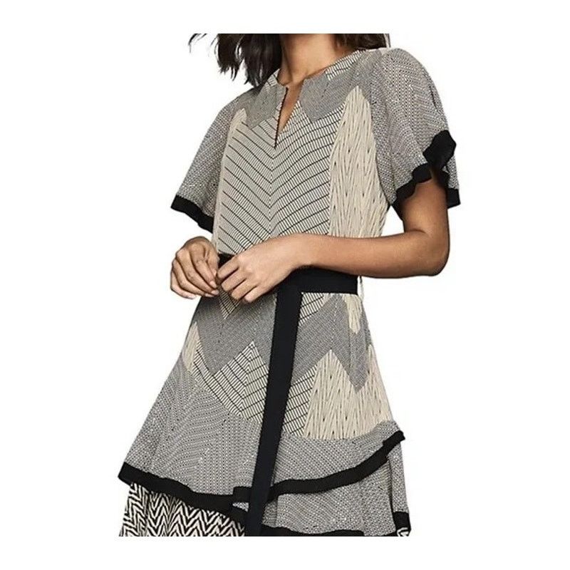 Reiss Reiss Hannah Black Cream Zigzag Flutter Sleeve Mini Dress Size S / US 4 / IT 40 - 1 Thumbnail