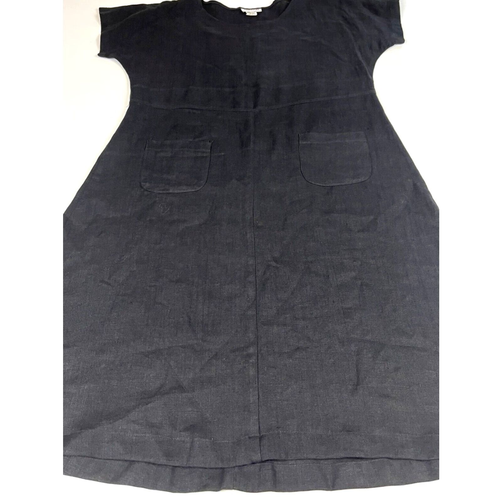 Vintage VINTAGE Frisson Women's Linen Midi Dress Short Sleeve Made in USA Sz L Black Pockets 90s Bohemian A-Line Casual Modern Classics Size 36" / US 14 / IT 50 - 6 Thumbnail