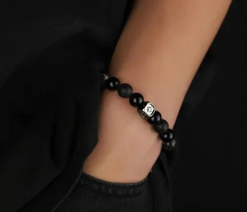 Jewelry Black and Gray Beaded Stone Bracelet, Men's Beaded Bracelet Size ONE SIZE - 1 Thumbnail
