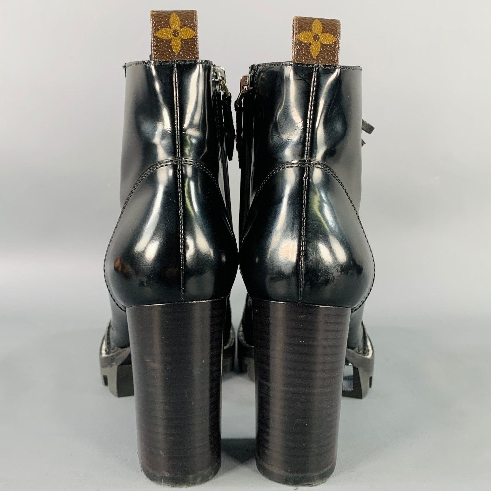 Louis Vuitton LOUIS VUITTON Black Patent Leather Tread Sole Lace-Up Boots Size US 7.5 / IT 37.5 - 3 Thumbnail