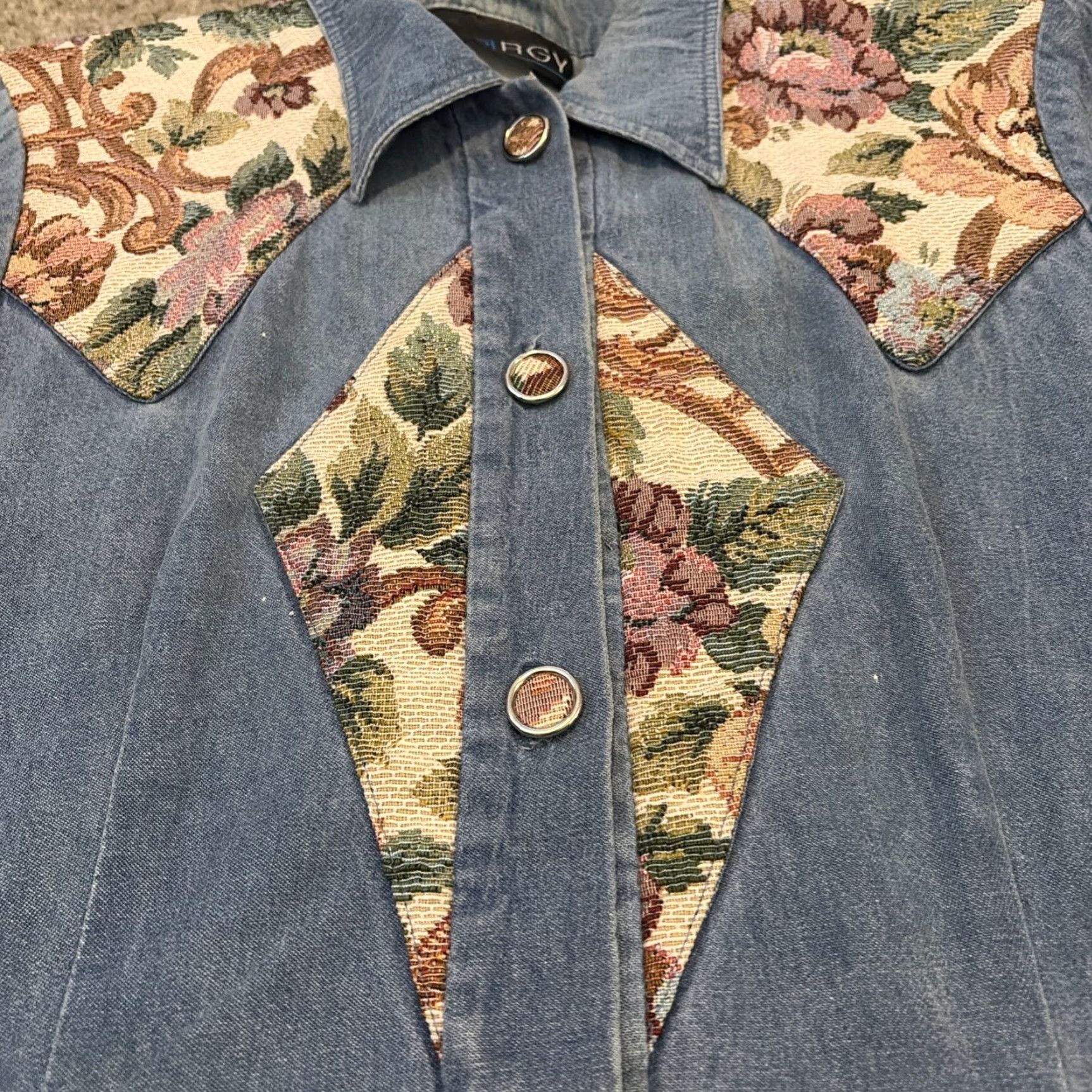 Denime VINTAGE RGY Denim Shirt Dress Long Sleeve Floral Panels Blue 10 Buttons Womens Regular Long Shirt Dress Size L / US 10 / IT 46 - 6 Thumbnail