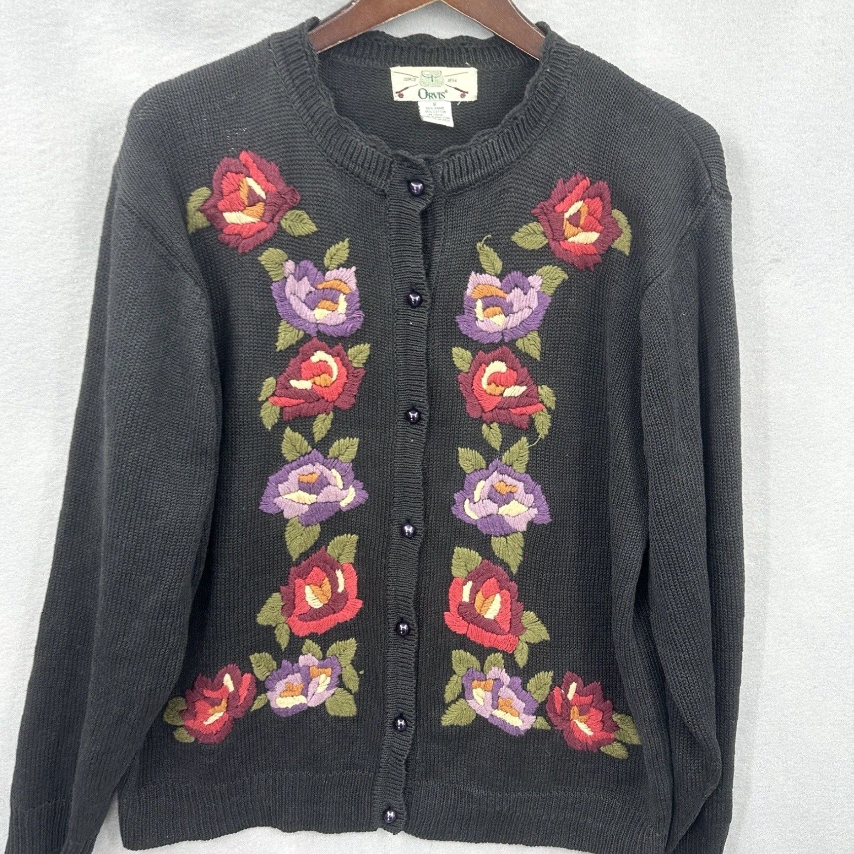 Orvis Orvis Vintage Cardigan Sweater - Womens Small Knit Floral Embroidered Black Crew Neck Vintage 80s 90s Boho Knitwear S Size S / US 4 / IT 40 - 2 Thumbnail