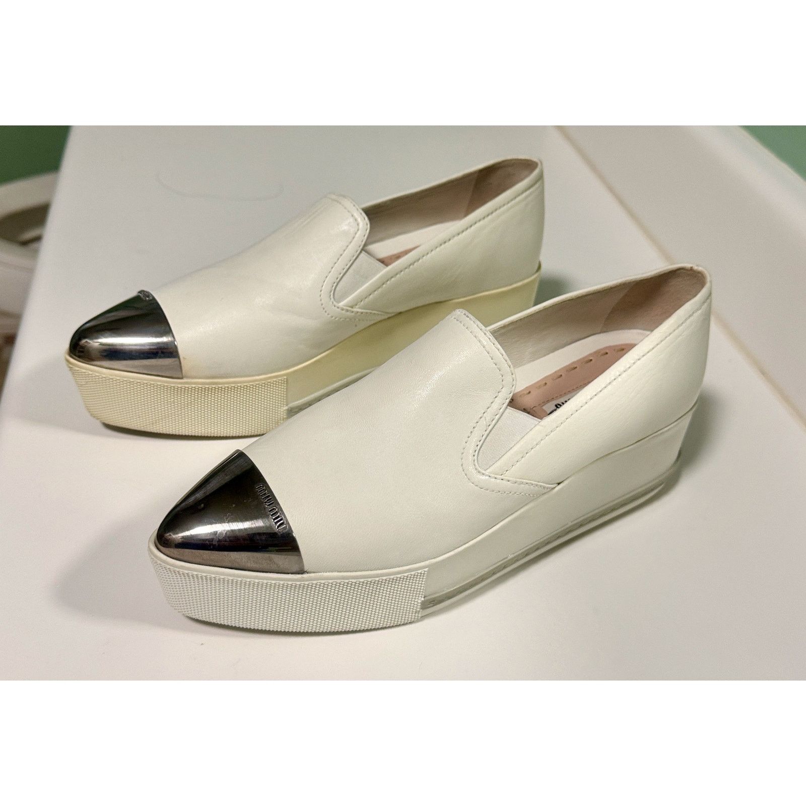 Miu Miu Miu Miu Platform Slip on Sneakers White Leather Silver Toe Size US 7 / IT 37 - 5 Thumbnail