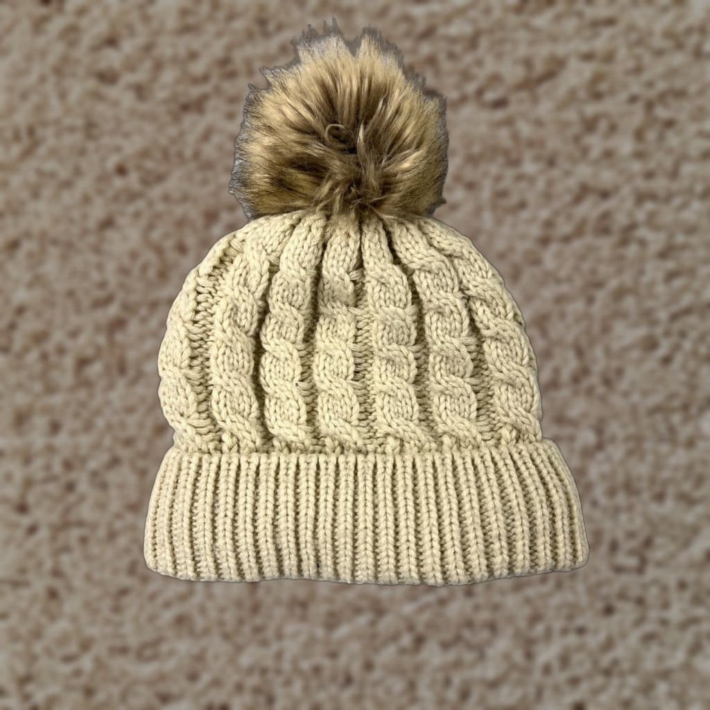 Vintage Womens Beanie Toque Ivory Cable Knit Cotton Blend Lined Winter Ski Pom One Size The Zenco Hat/Cap Men/Women Accessories Size ONE SIZE - 1 Thumbnail