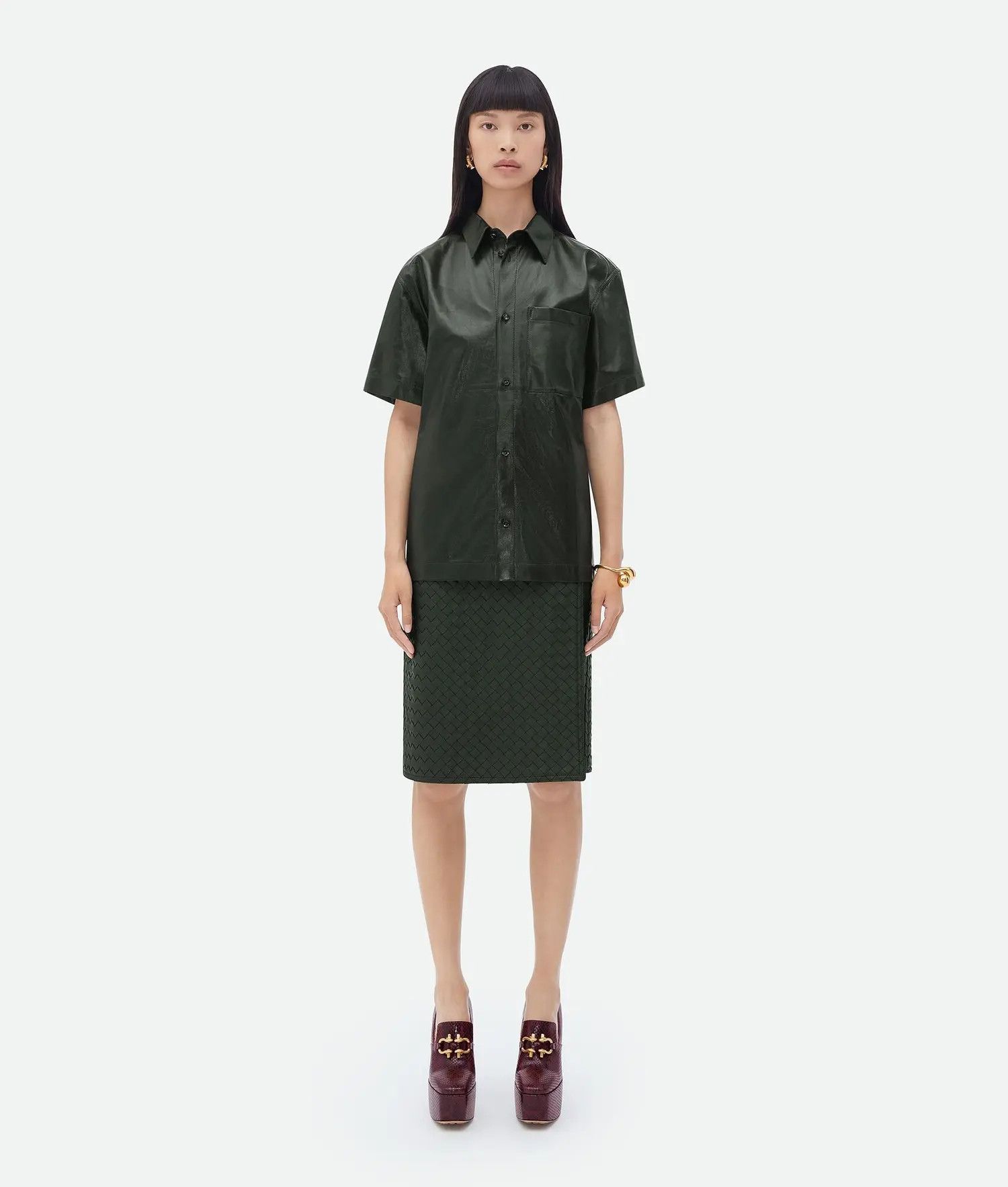 Bottega Veneta o1bcso1str0725 Shiny Leather Shirt in Dark Green Size M / US 6-8 / IT 42-44 - 1 Thumbnail