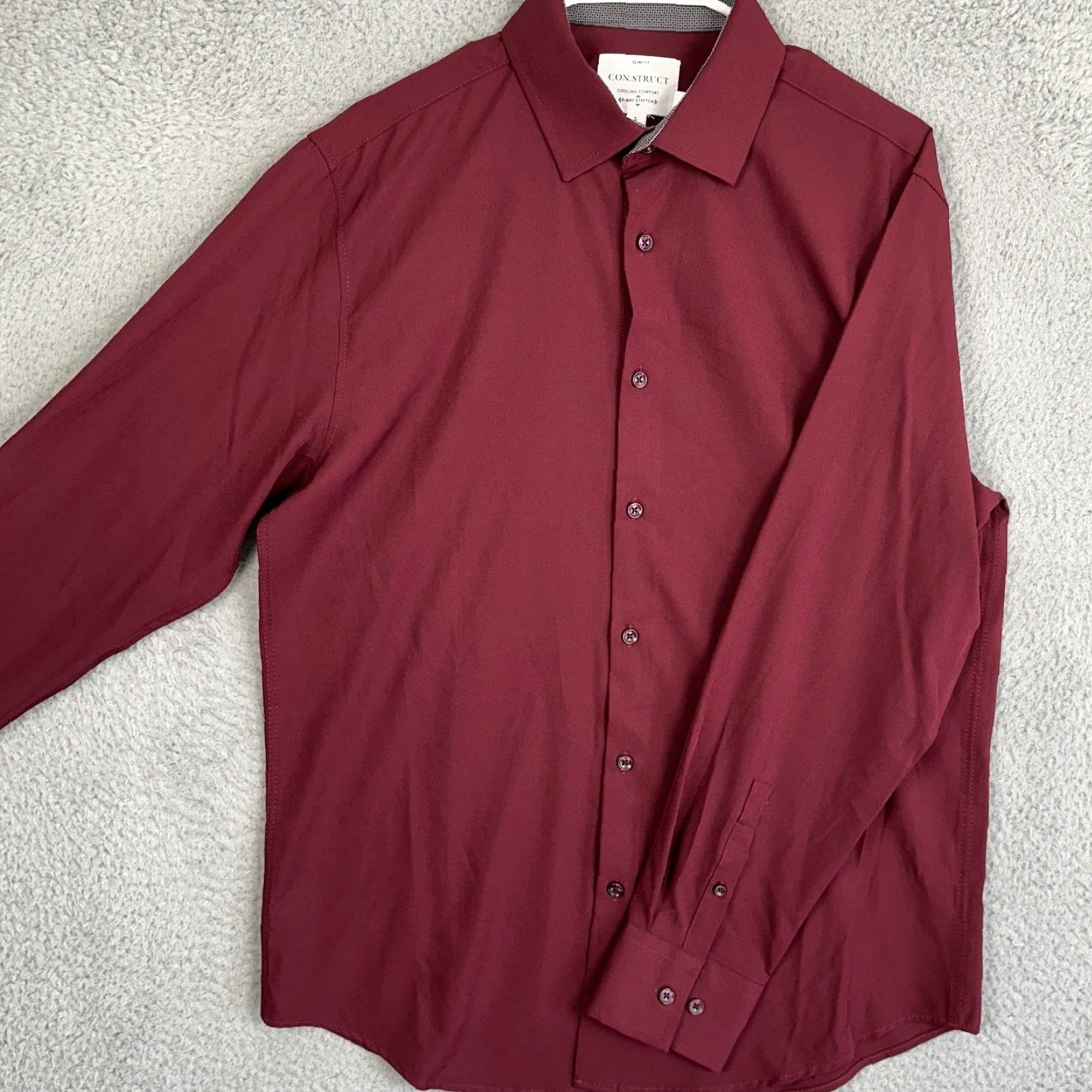 Vintage CON.STRUCT Dress Shirt Men Large Slim Fit 16-16.5 34-35 Maroon 4-Way Stretch Button-Front Office Casual Workwear Shirt Mens Size 42R - 2 Thumbnail