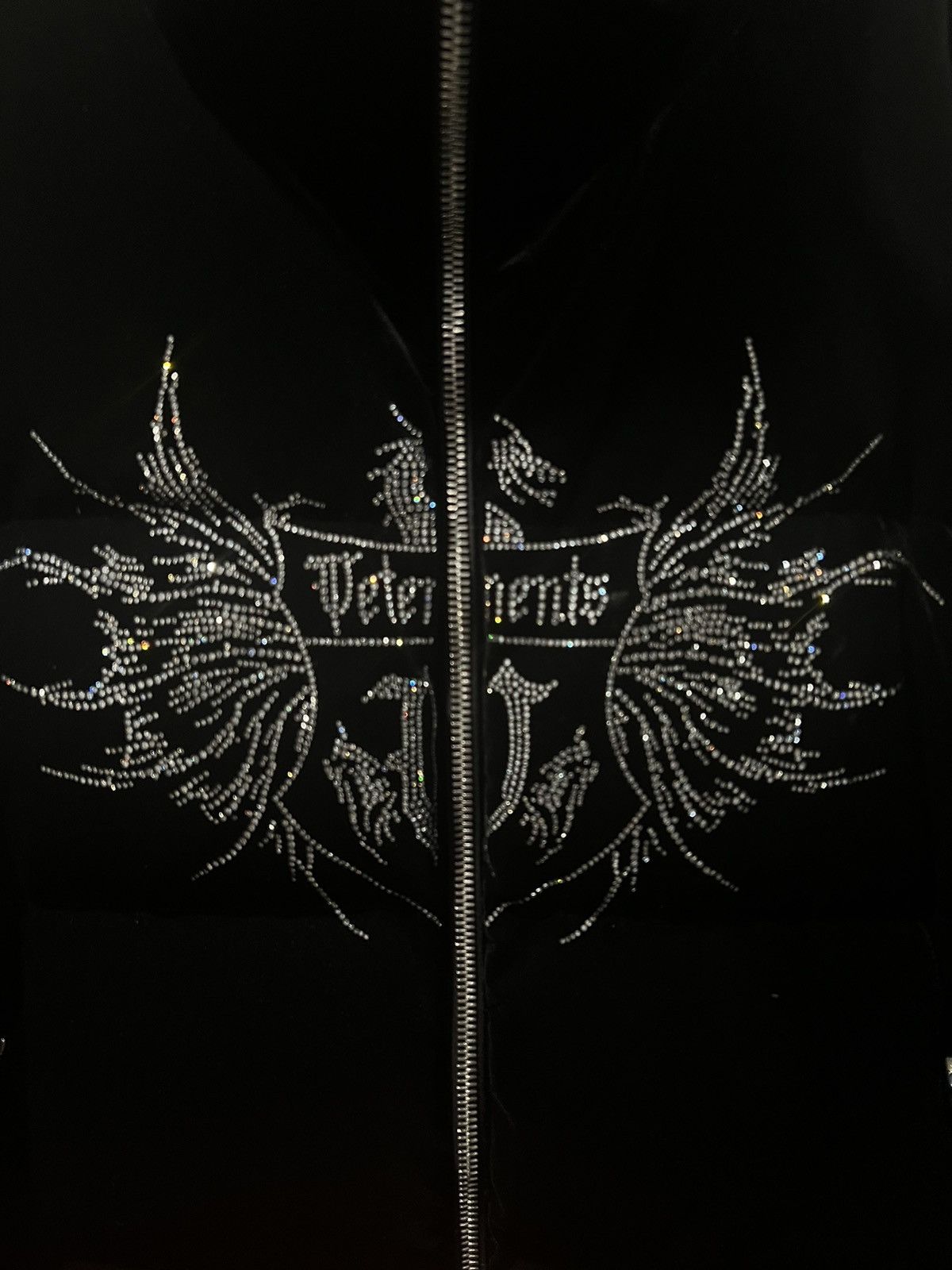 image of Vetements Black Velvet Crystal Logo Puffer Jacket, Men's (Size Medium)