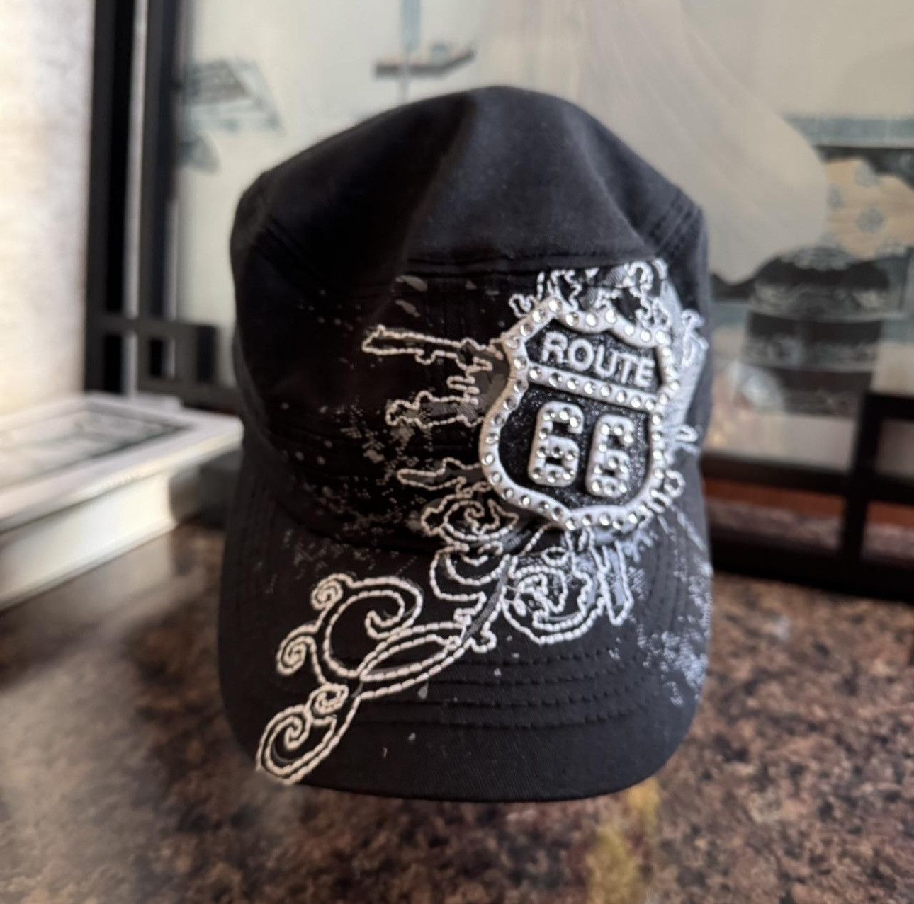 Designer × Vintage Route 66 Black Vintage Y2K Trucker Gothic Hat Rhinestones Size ONE SIZE - 3 Thumbnail