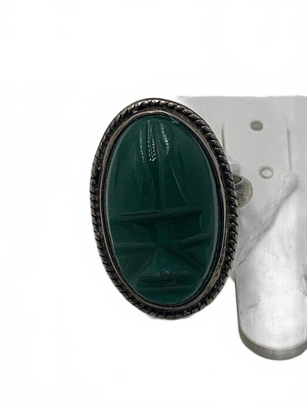 Other 925 Sterling Silver Green Onyx Cabuchon Carved Face Ring Size ONE SIZE - 2 Thumbnail