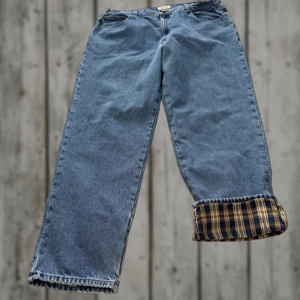 Vintage LL Bean Jeans 42x34 Mens Flannel-Lined 100% Brushed Cotton Denim Comfort Waist Blue 5-Pocket Relaxed Straight Workwear Outdoor 90s Mens Size US 42 / EU 58 - 1 Thumbnail