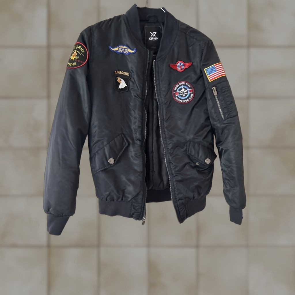 Vintage Xray Jeans Men's Small Black Bomber Flight Jacket With Patches Size US 29 - 1 Thumbnail