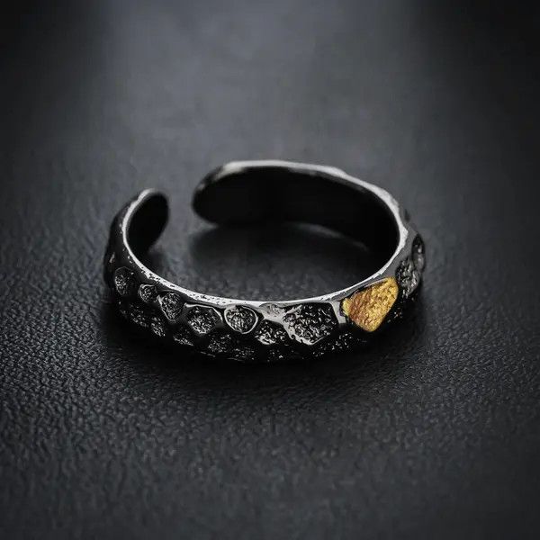 Jewelry Black Textured Open Band Ring with Gold Accent Size ONE SIZE - 1 Thumbnail