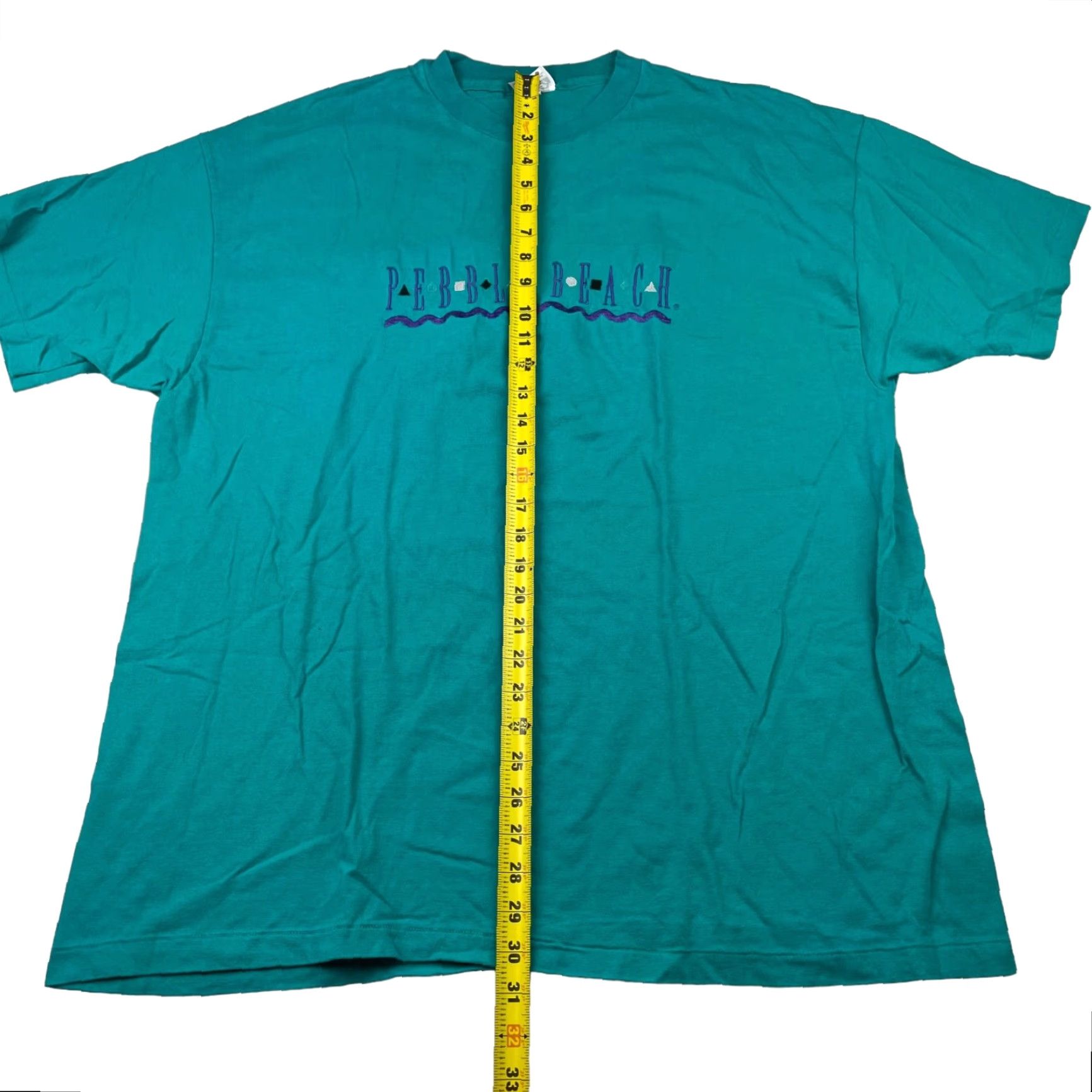 VTG Pebble Beach Men's Single Stitch Embroidered T-Shirt Teal Green USA 2XL Hanes 100% Cotton Short Sleeve Summer Sportswear/Beach Mens