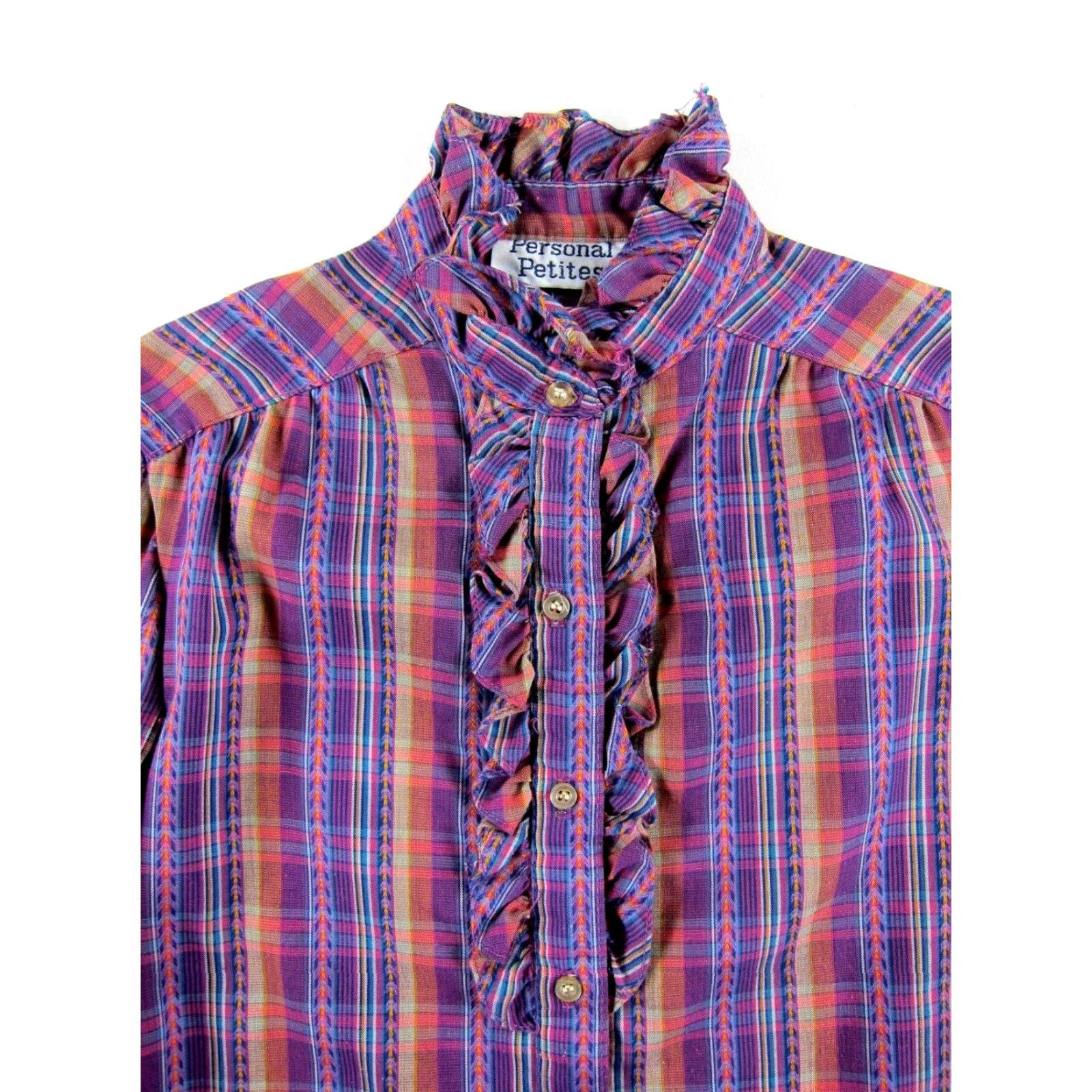 Pinko VTG Personal Petites Purple Pink Brown Plaid Ruffle Neck Long Sleeve Blouse XS Size XS / US 0-2 / IT 36-38 - 4 Thumbnail