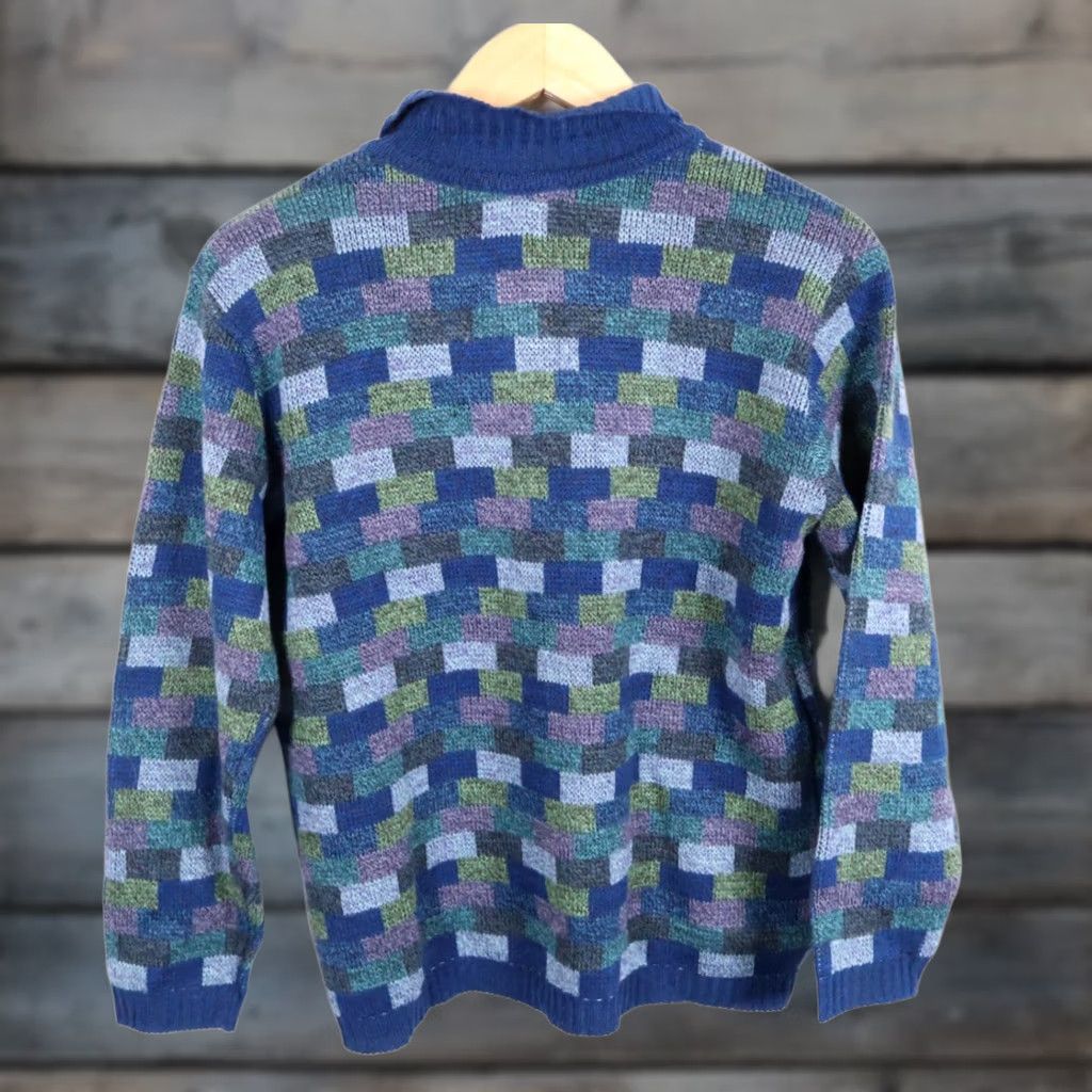 Vintage Adolfo Wool Blend Cardigan Women's Medium Blue Check Pattern Collared Sweater Size M / US 6-8 / IT 42-44 - 1 Thumbnail