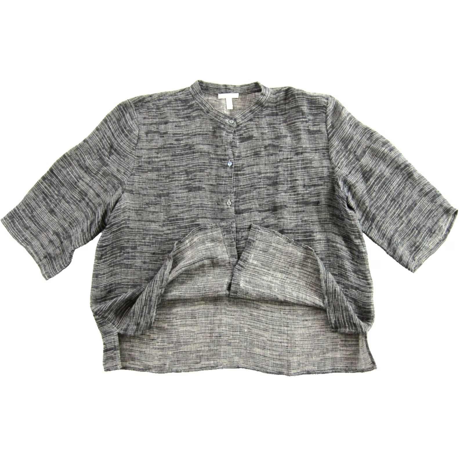 Eileen Fisher Eileen Fisher Blouse Shirt Womens XL Black Linen Button Up Short Sleeve Tunic Crew Neck Fabric: Woven, Pattern: Solid Size XL / US 12-14 / IT 48-50 - 4 Thumbnail