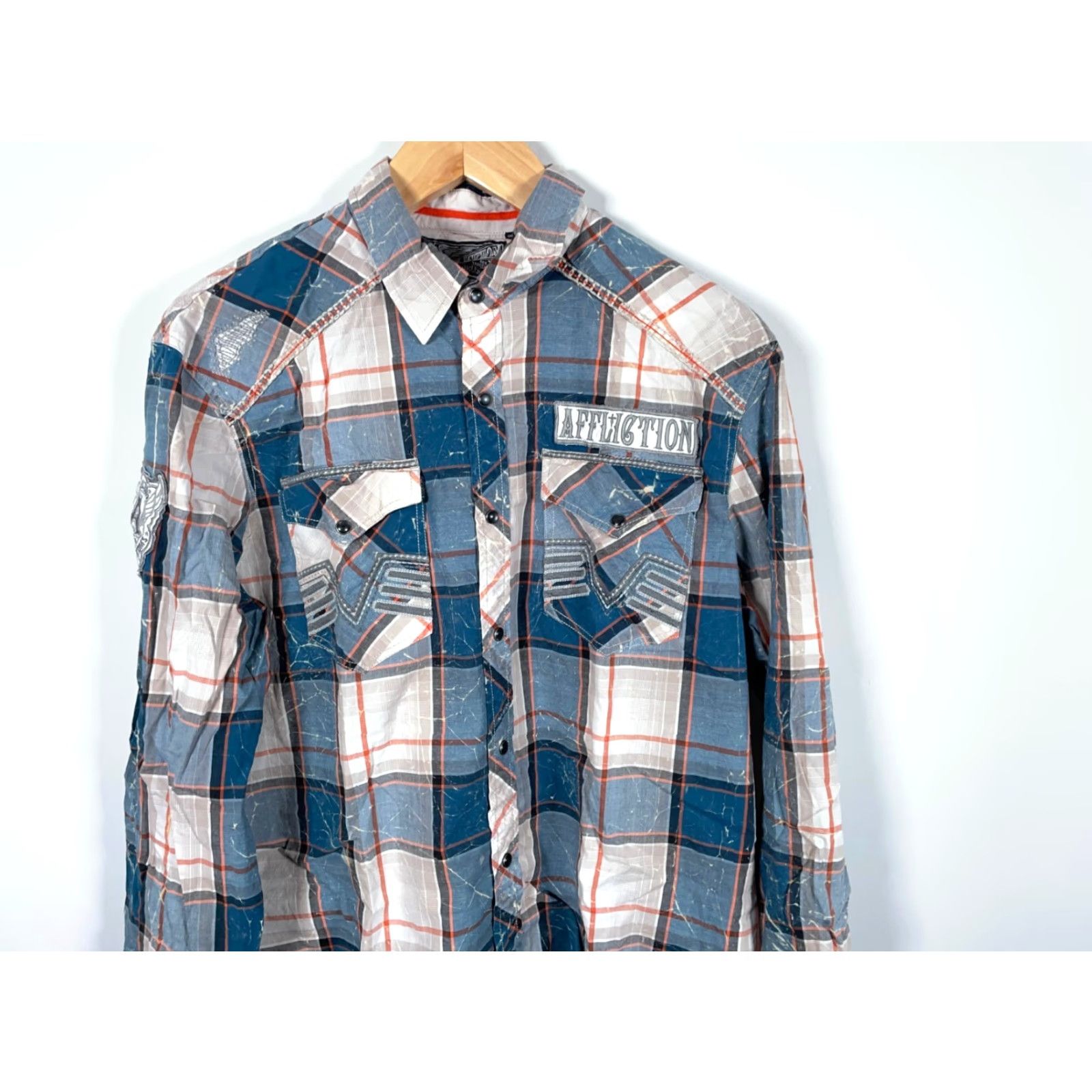 Affliction Affliction Shirt Western Plaid Long Sleeve Button-Up XL Men Blue Cotton Spandex Faux Distressing Embroideries Pearl Snap XLarge Vintage No Size US XL / EU 56 / 4 - 4 Thumbnail
