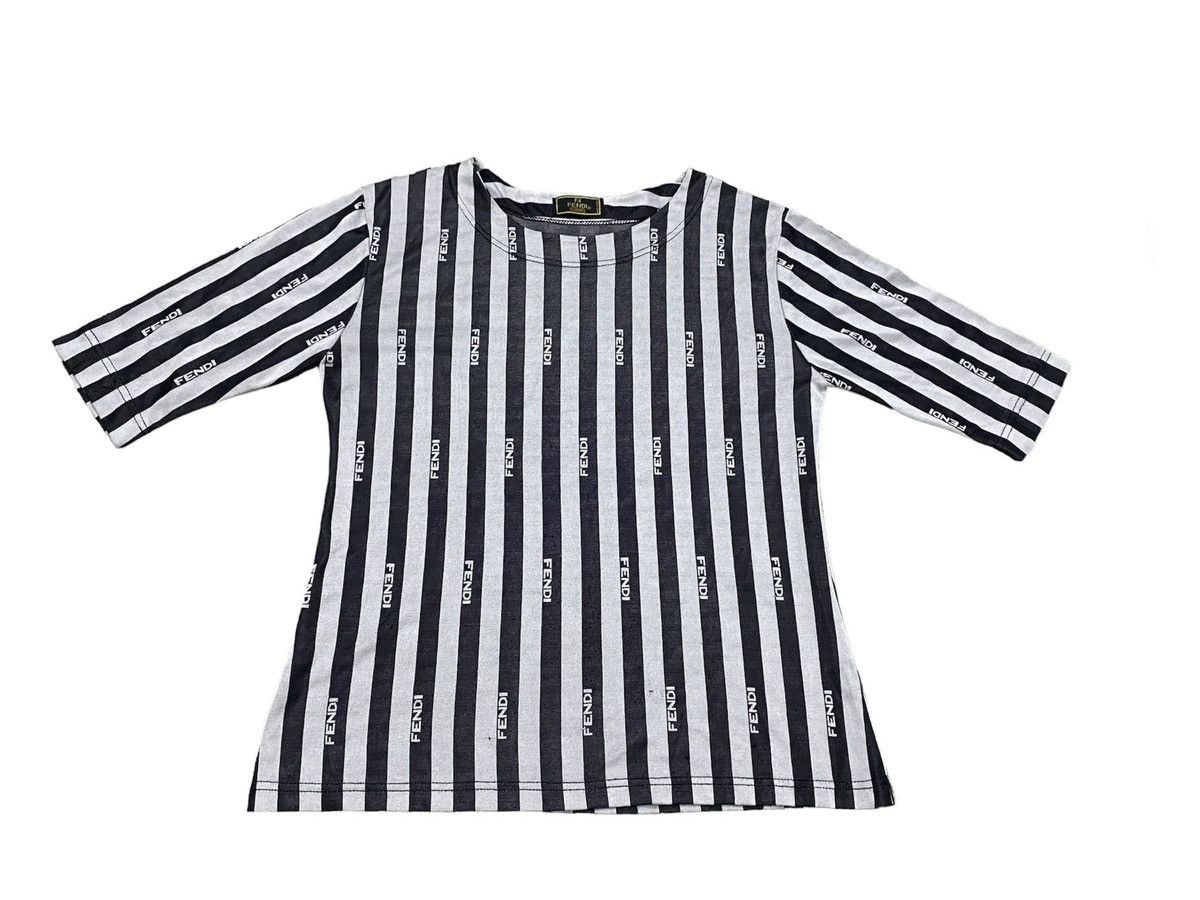 image of Fendi Vertical Stripe T-Shirt Spell Out Design in Black/White, Women's (Size Medium)